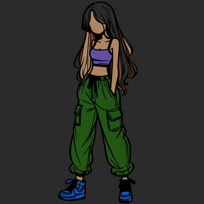 girl in baggy pants crop top and long hair