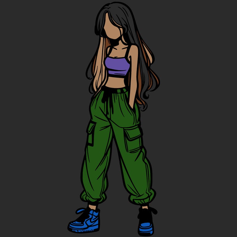 girl in baggy pants crop top and long hair