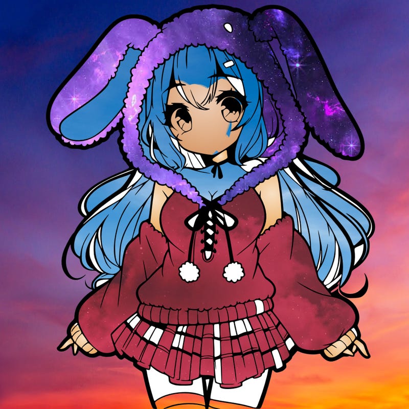 pretty anime girl wearing a fluffy hoodie with bunny ears on the hood and a skirt