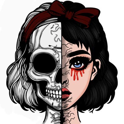 realistic girl with half skull mask