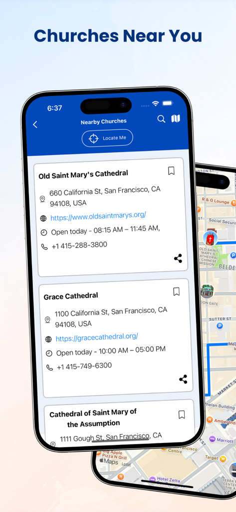 A mobile phone screen from the RSV Bible app showing a list of nearby churches in San Francisco with addresses and contact details