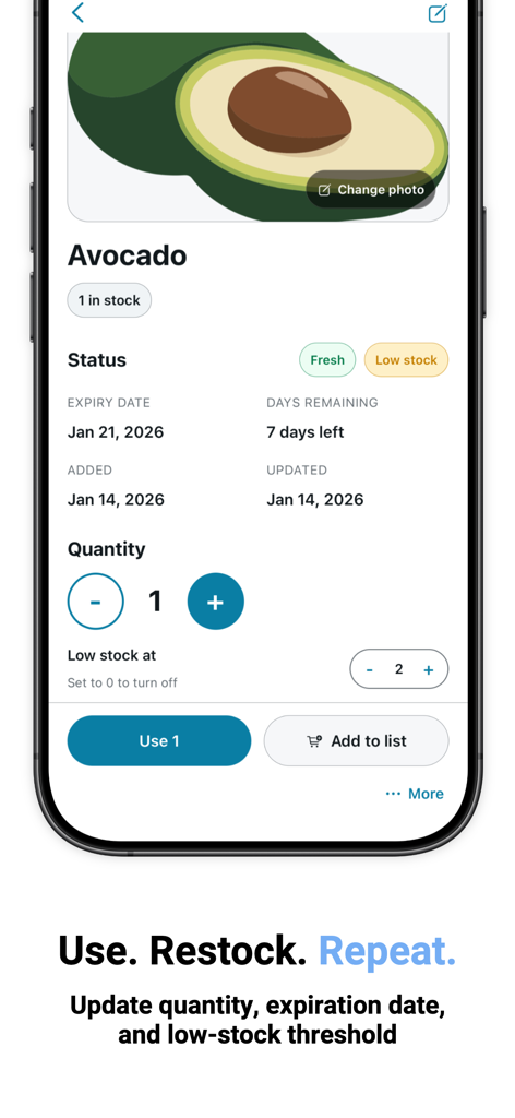 Pantra: Pantry Inventory - Pantra app screen showing detailed inventory for an avocado with expiration date and stock status.