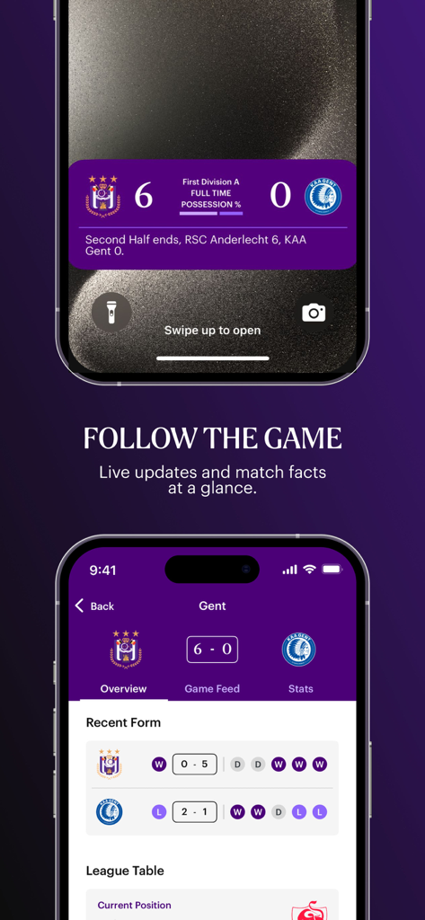 RSCA Official app showing live soccer match updates and score widgets on an iPhone