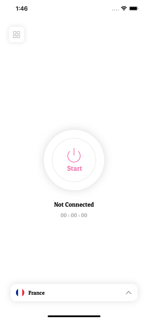 BritVPN mobile app interface showing a disconnected status with a large start button and server selection menu