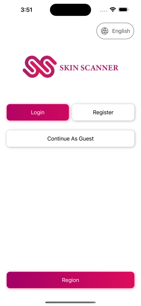 La pantalla de inicio de sesión y registro de la aplicación móvil Skin Scanner con un diseño minimalista.