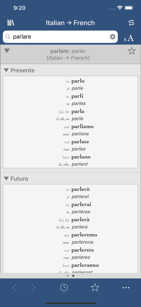 Italian and French verb conjugation table for the verb parlare showing present and future tenses.