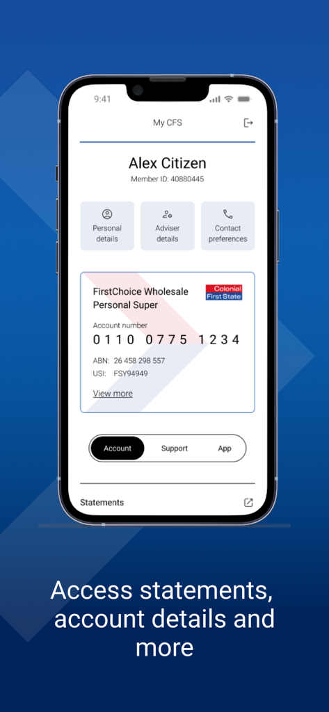 Mobile screen of the Colonial First State app showing account details and member profile information
