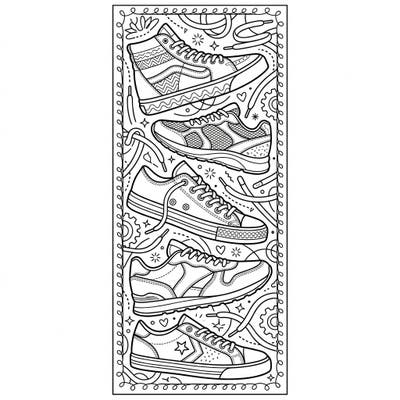 Dive into the world of trendy footwear with this unique sneaker bookmark coloring page. Featuring five distinct athletic shoe styles, it's the perfect creative break for shoe enthusiasts and bookworms alike.
