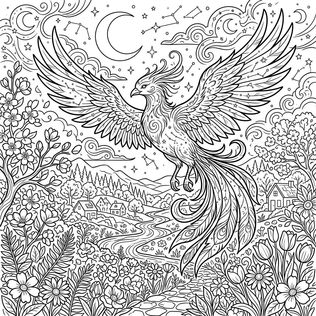Celestial Phoenix Spring: Fantasy Coloring Page for All Ages