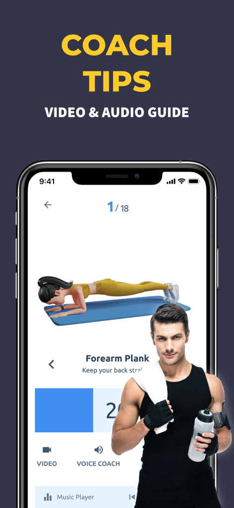 MoveBody – All-in-One Fitness - Interfaz de la aplicación de fitness MoveBody que muestra un ejercicio de plancha de antebrazos con guías de entrenamiento de video y audio