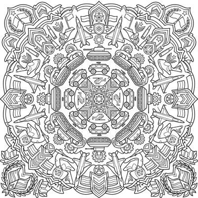 Embark on a captivating coloring journey with this unique military vehicles mandala. Discover an array of powerful machinery, from tanks to jets, intricately arranged in a mesmerizing symmetrical design.