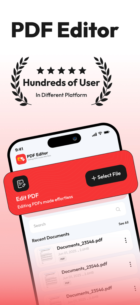 Tela principal do aplicativo Editor de PDF em um iPhone mostrando documentos recentes e opções de edição