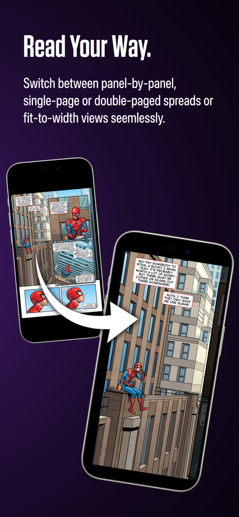 Neon Ichiban - Neon Ichiban app demonstrating seamless switching between panel-by-panel and full-page comic reading views.