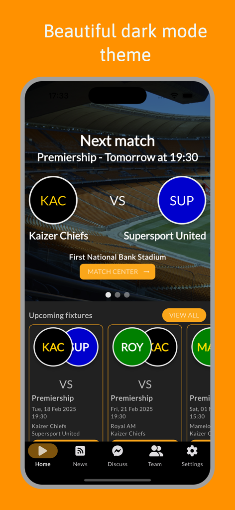 Chiefs Live — for Amakhosi fan - La pantalla de inicio de la aplicación Chiefs Live que muestra los próximos partidos de Kaizer Chiefs en modo oscuro