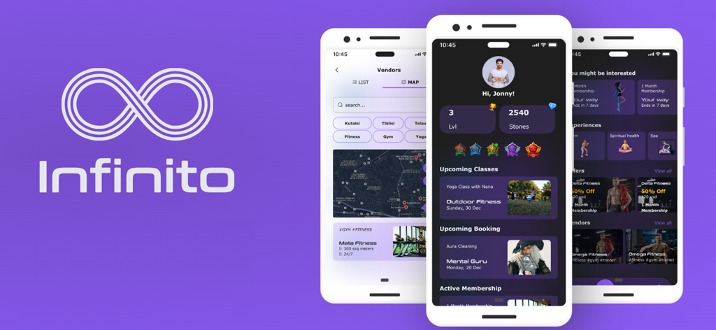 Infinito Experiences - Interfaz de la aplicación móvil Infinito Experiences que muestra el panel de usuario y los mapas de proveedores de bienestar