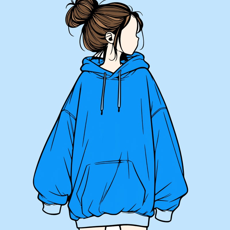 realistic girl with a oversized sweatshirt on and a bun