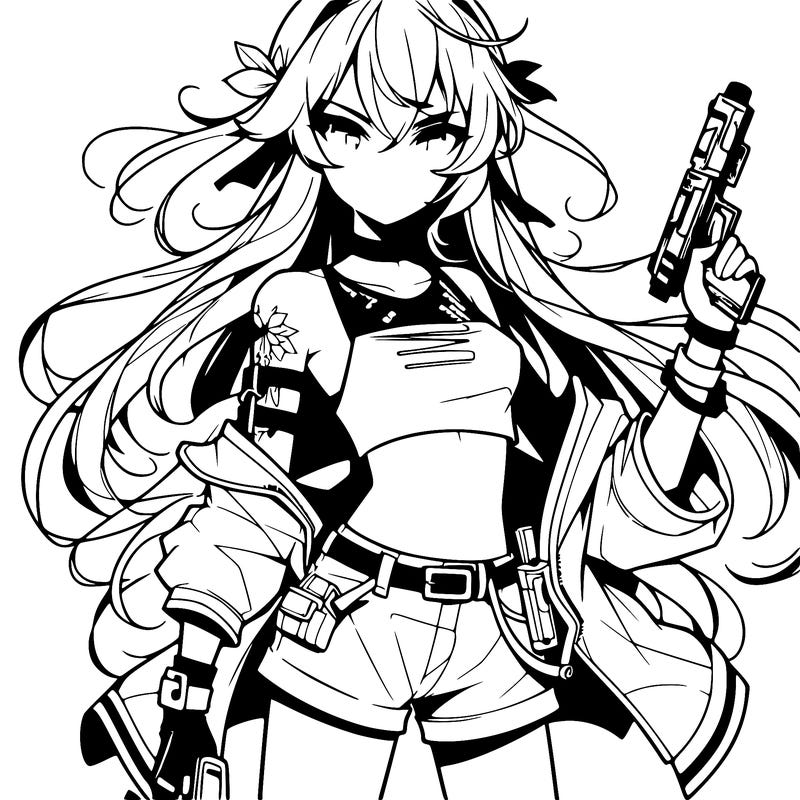 bad girl wearing crop top holding a gun long hair anime