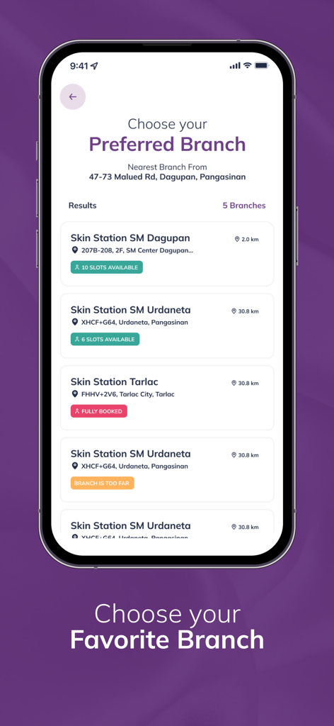 SkinStation Online app screen for choosing a preferred clinic branch with available booking slots.