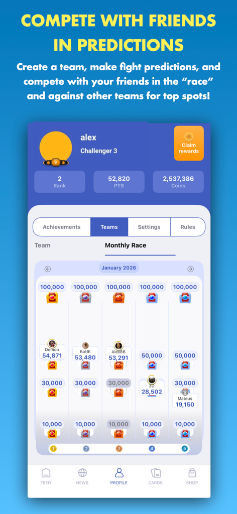 Stats Fight: Analysts League - Leaderboard of a monthly race in the Stats Fight app where fans compete in MMA predictions