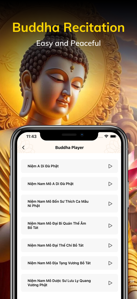 Om Mani – Global Buddhism - Mobile app interface for Buddha recitation featuring a list of chants and a serene background image of Buddha