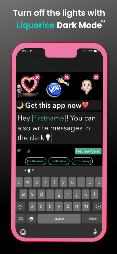 Personalized mass text message editor in Liquorice Dark Mode