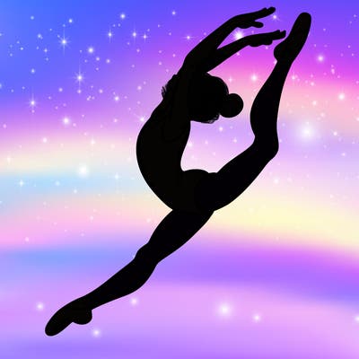 gymnast doing a leap in a leotard with a bent back leg
