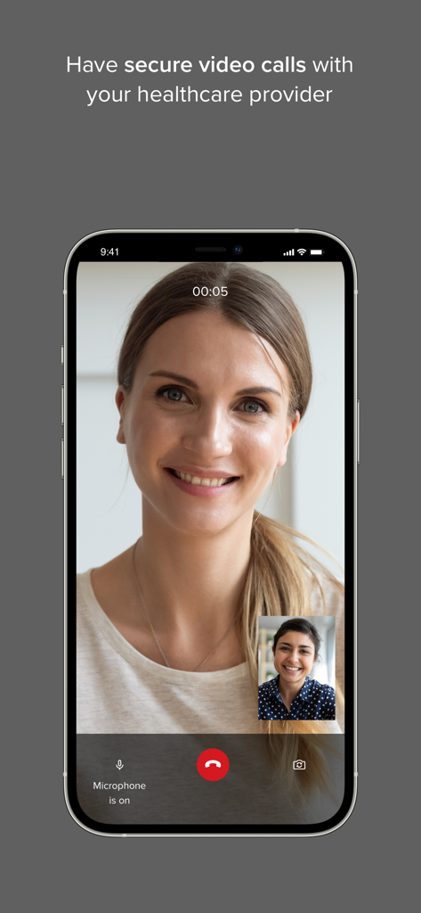 Interface of a secure video call between a patient and a healthcare provider on the Karify eHealth app.