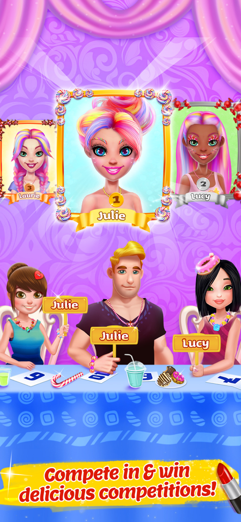 Candy Makeup Beauty Game - キャンディメイクゲームの勝者と審査員が表示された、ビューティーコンテストのリーダーボード