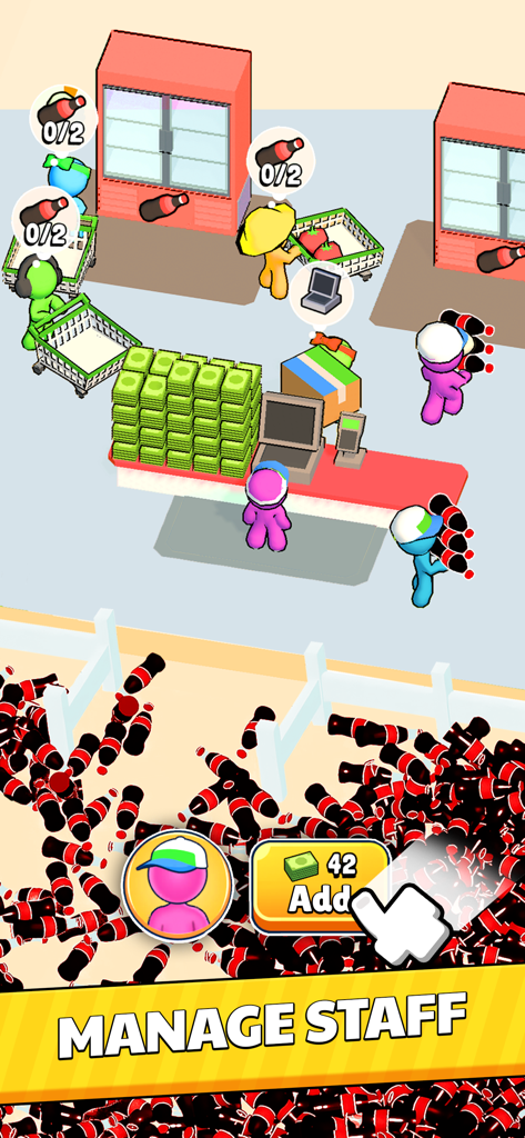 Captura de pantalla del juego de Mi Mini Súper que muestra personajes abasteciendo estantes y una interfaz de gestión de personal.