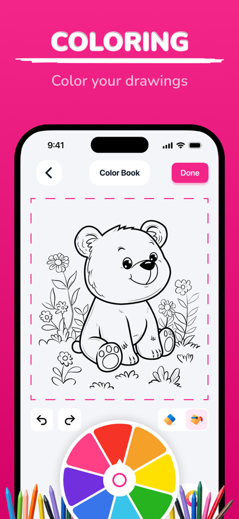 A digital coloring book interface featuring a line art bear sketch and a vibrant color wheel