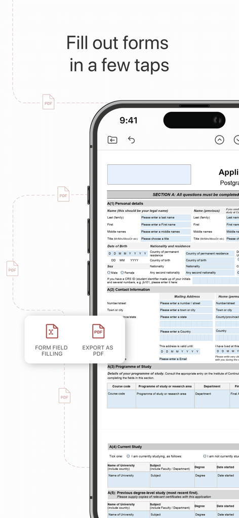 Application mobile ONLYOFFICE Documents montrant un formulaire PDF en cours de remplissage sur un smartphone