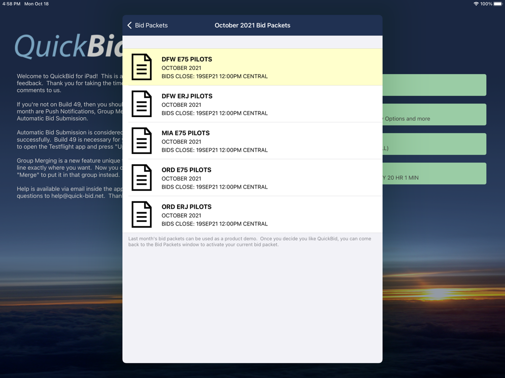 QuickBid - Liste der verfügbaren Pilot-Bewerbungspakete für verschiedene Standorte in der QuickBid iPad App