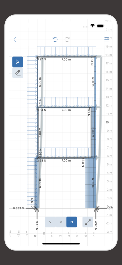 Análisis de pórtico estructural con diagramas de fuerza axial y cálculos de carga en Deflection Pro.