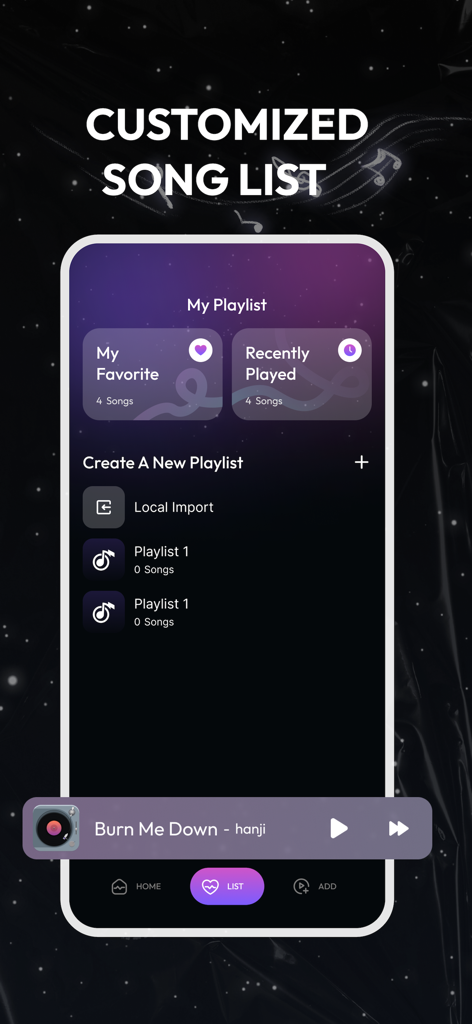 Vibe Player - Offline - Smartphone screen displaying the Vibe Player app customized song list and playlist management interface