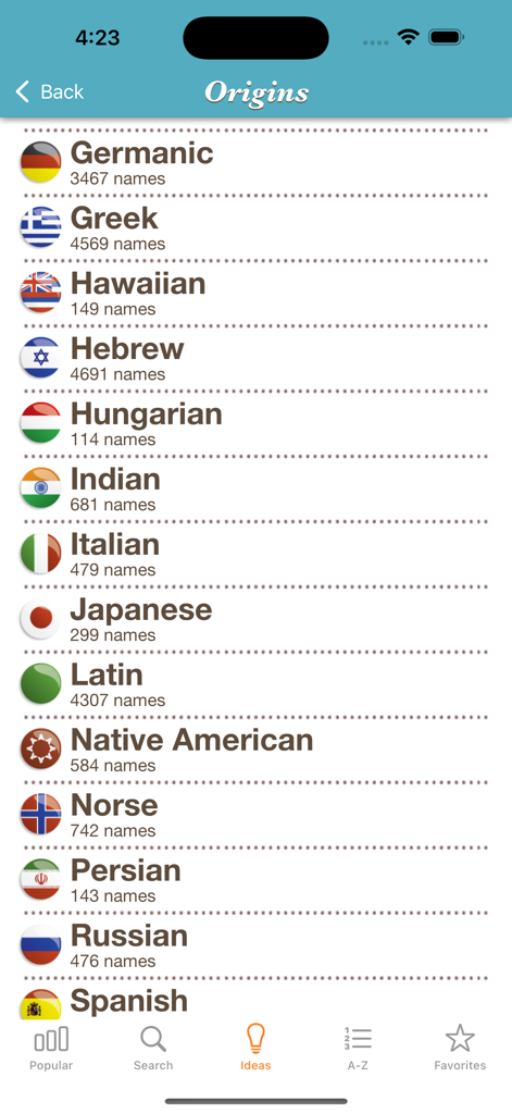 Baby Names™ - A screen in the Baby Names app listing baby names by cultural origin with corresponding flags and name counts.