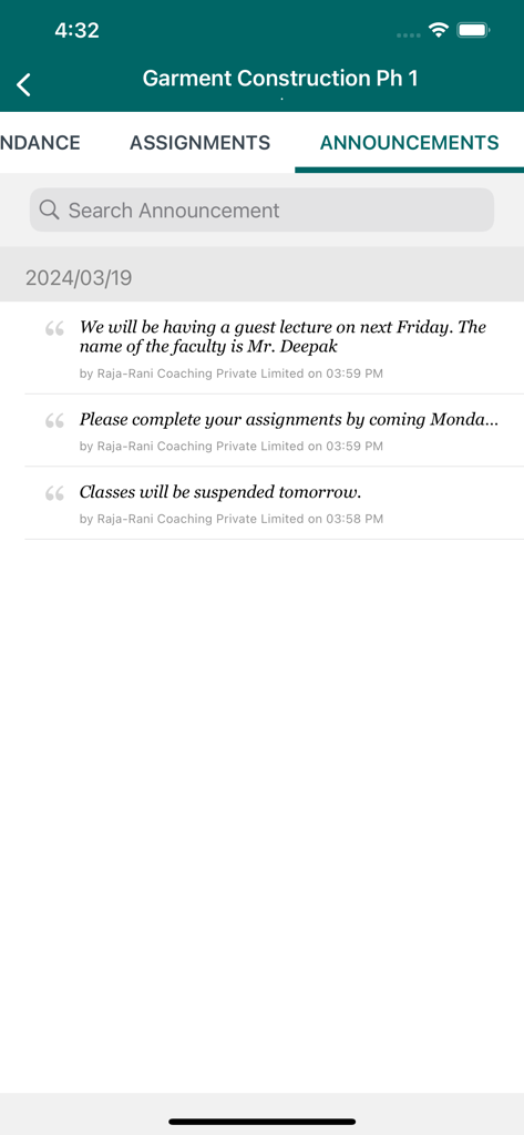 Raja-Rani Coaching - Announcements tab of the Raja Rani Coaching app showing course notifications for students
