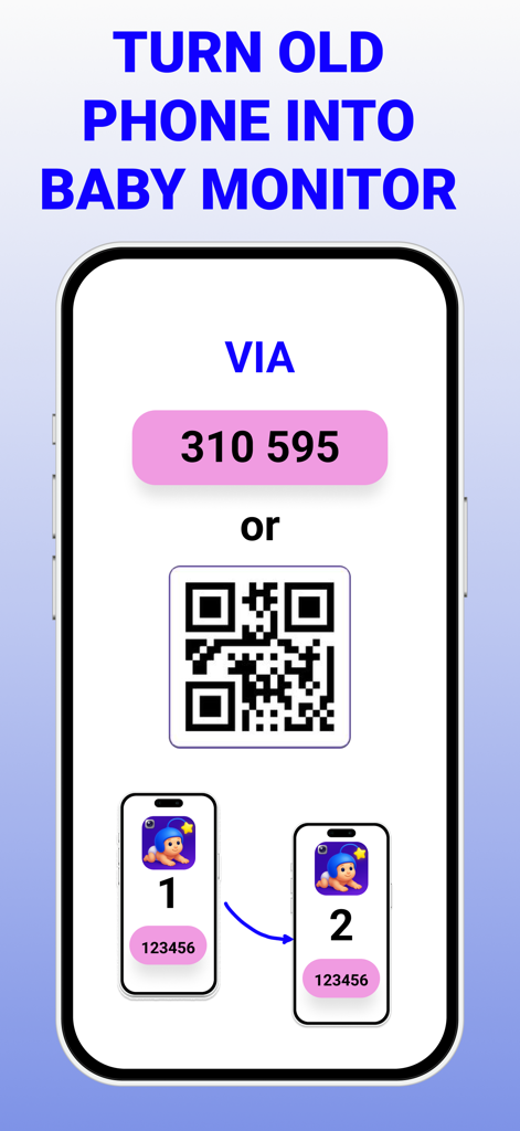 Baby sitter camera Wendy - A screen showing how to connect two iPhones using a QR code or numeric pin to create a baby monitor system