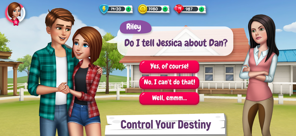 My Horse Stories - ゲーム「マイホースストーリー」のナレーション選択画面。複数の会話オプションを持つドラマシーンのキャラクターが表示されている