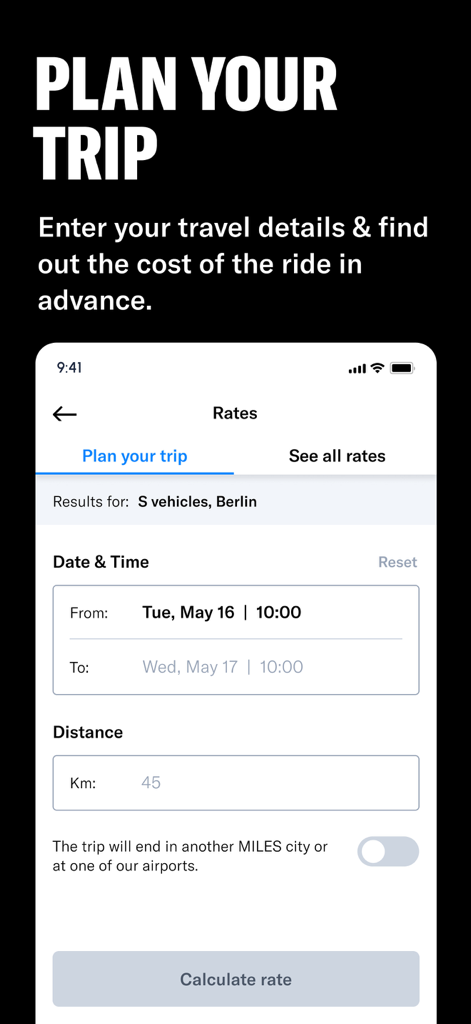 Interface of MILES car sharing app to calculate trip rates by entering date and distance