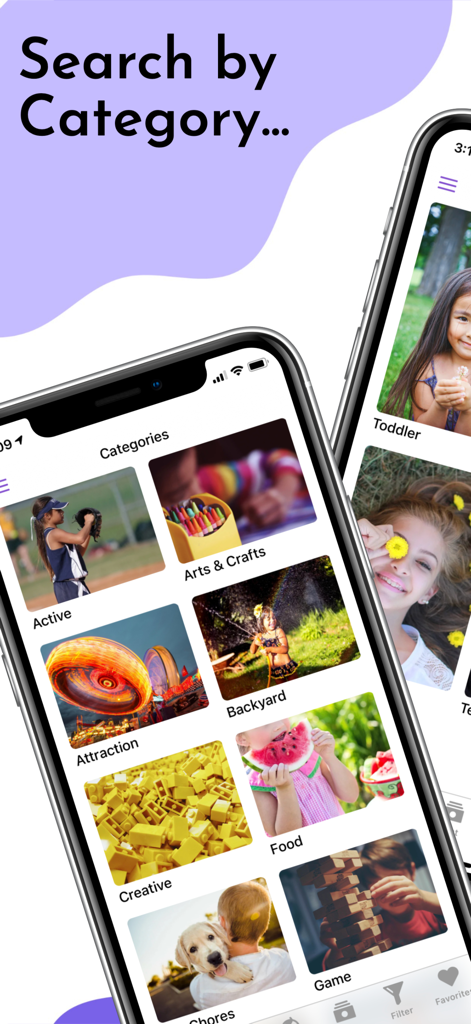 Things to Do with Kids - Mobile App-Oberfläche, die verschiedene Kategorien von Kinderaktivitäten wie Kunsthandwerk und Spiele im Garten zeigt