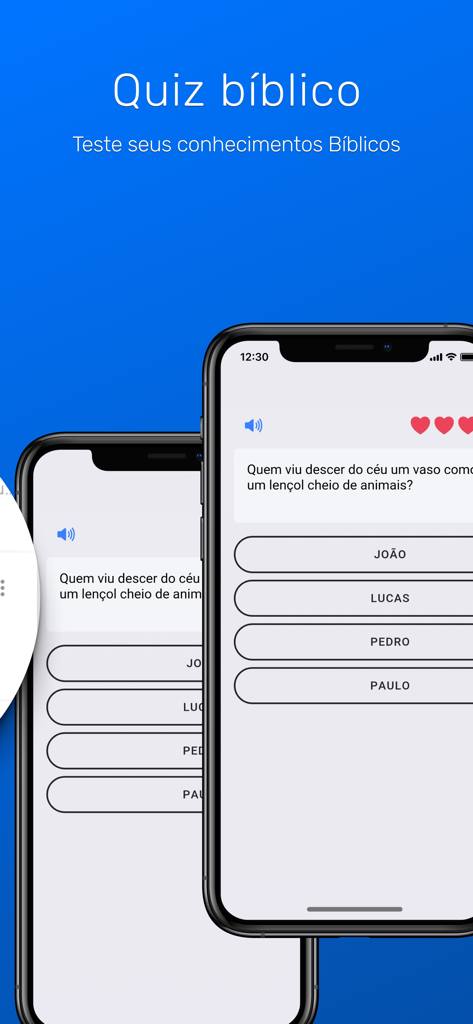 Biblia Sagrada Offline - Función de quiz bíblico en portugués en la aplicación Biblia Sagrada sin Conexión mostrando una pregunta de trivia con opciones de respuesta múltiple