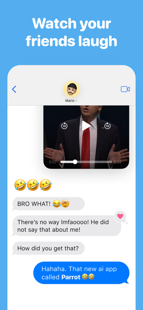 Parrot: Voice Generator AI App - Interfaz de chat móvil que muestra reacciones a un vídeo de celebridad de IA compartido de la aplicación Parrot