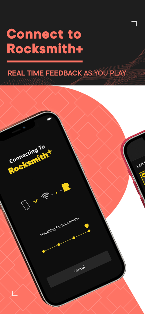 Rocksmith Tuner - Rocksmith Tuner app screen showing connection progress to Rocksmith plus for real time feedback
