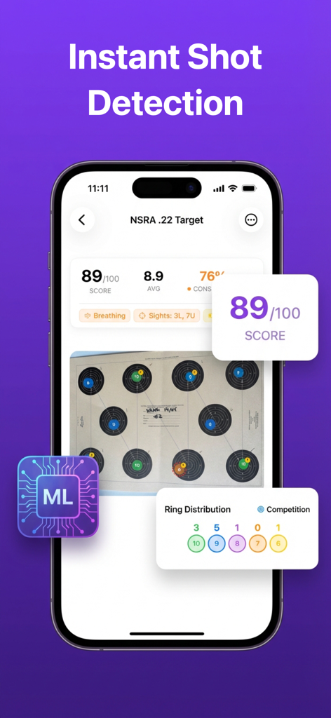 Notch: Target Scoring Tracker - Pantalla de iPhone que muestra la aplicación Notch analizando un blanco de papel para detección y puntuación instantánea de disparos