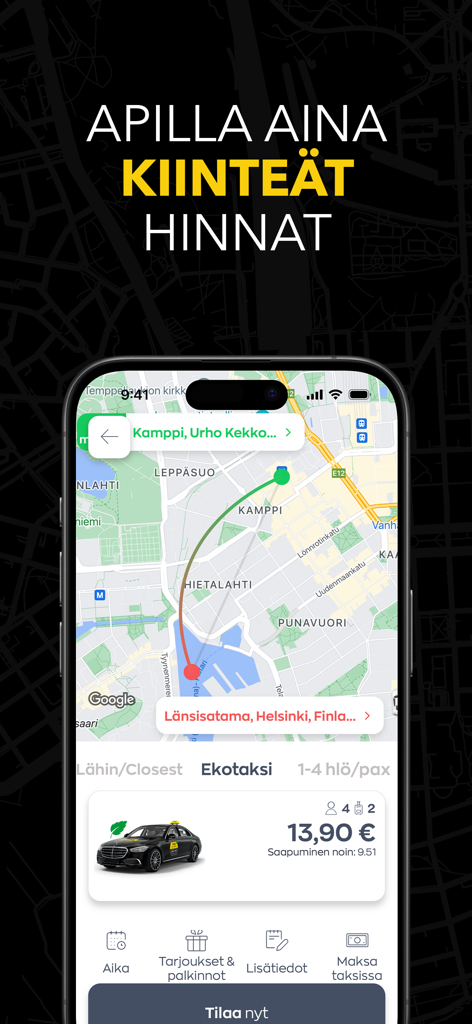 Taksi Helsinki - Taksi Helsinkiモバイルアプリのインターフェース。カンピからランシサタマへのルートマップと、ライドの固定料金が表示されています。