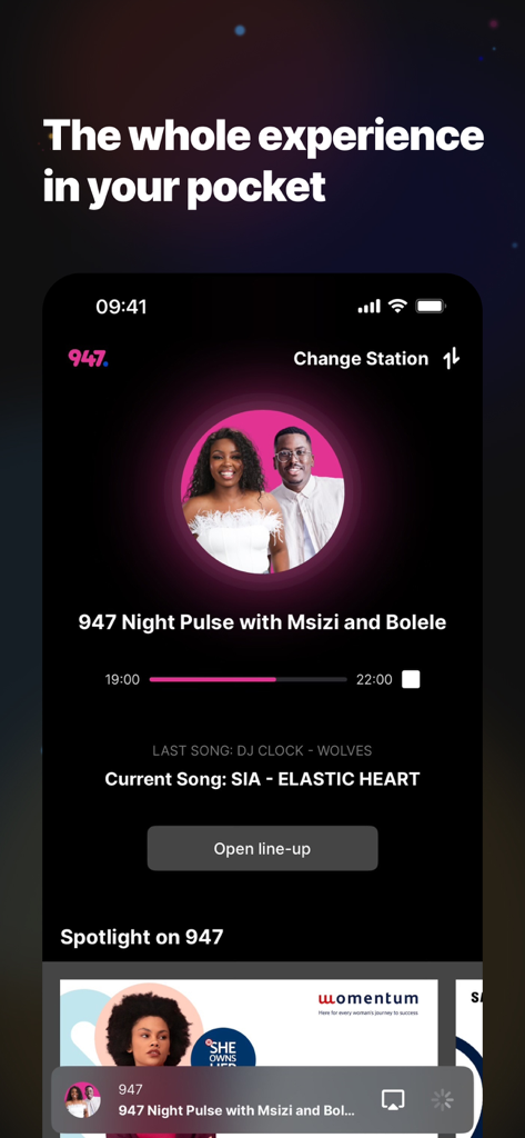 Primedia+ - Interface of Primedia plus app showing the 947 radio station live player with show hosts and current song info