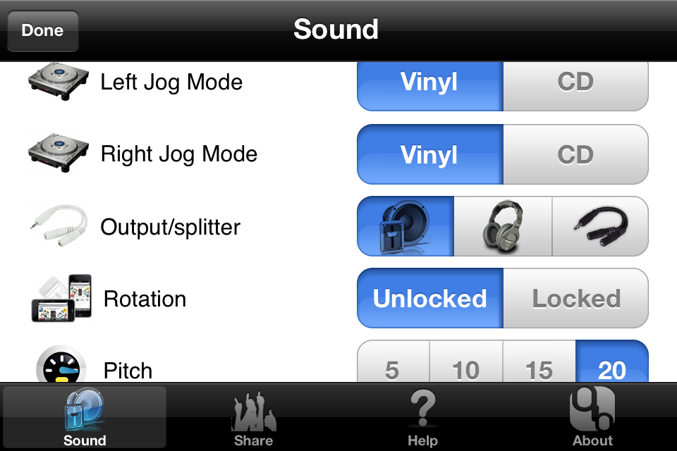 Interfaz de configuración de sonido de la aplicación iDJ2GO con opciones de salida de audio.