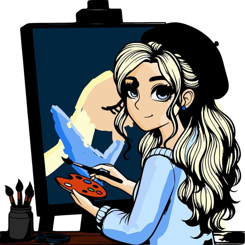 realistic girl artist painting a blank canvas