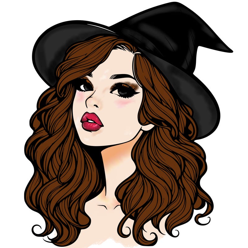 realistic witch girl with wavy hair and lips