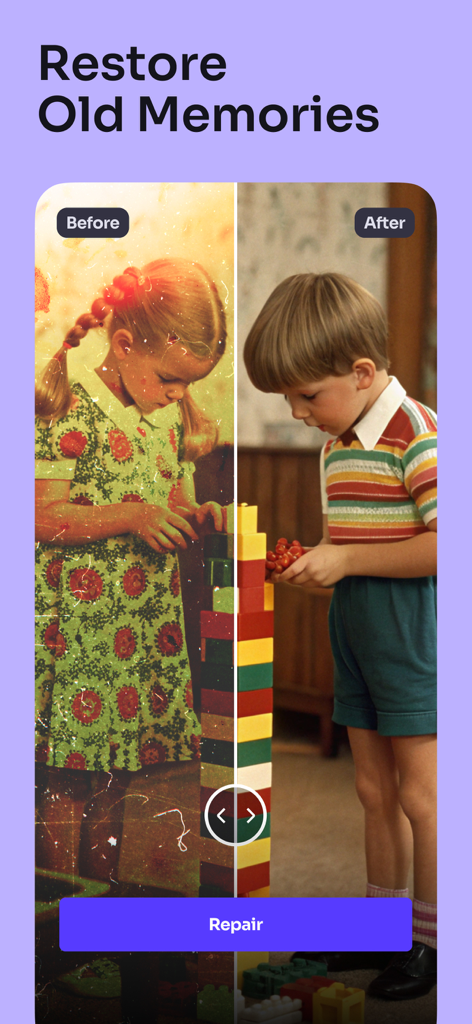 Comparação de antes e depois de uma foto antiga restaurada usando o aplicativo de edição de fotos Mirage com IA